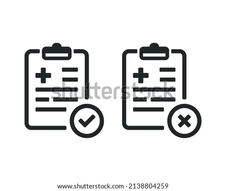 Medical document with check mark and cross sign. Medical record. Vector illustration