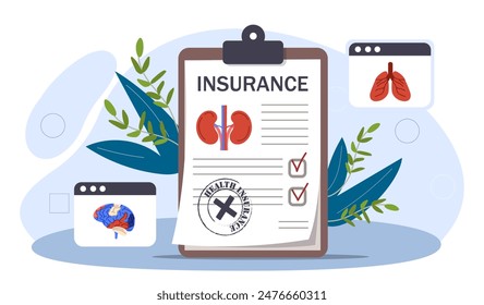 Medical document concept. Medical insurance and finacial deal and agreement. Healthcare and medicine, treatment. Patient health report. Cartoon flat vector illustration isolated on white background