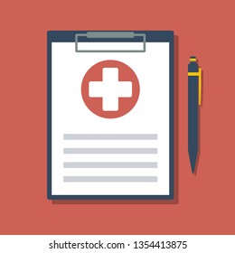 medical document with cross symbol and ball pen, flat vector illustration