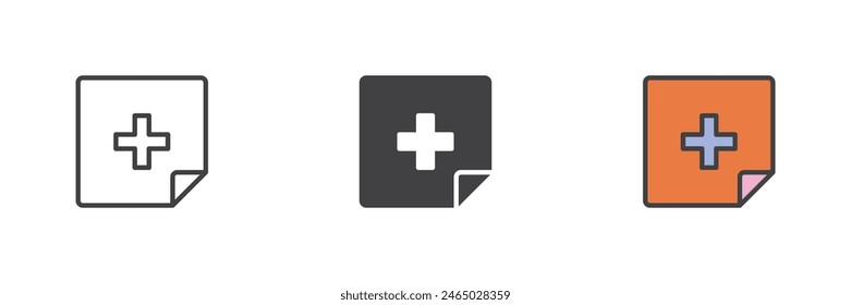 Medical document different style icon set. Line, glyph and filled outline colorful version, outline and filled vector sign. Symbol, logo illustration. Vector graphics
