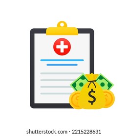 Documento médico, una forma plana de seguro médico con mucho dinero, la idea de medicina costosa, gastos de atención médica o gastos. Ilustración del vector