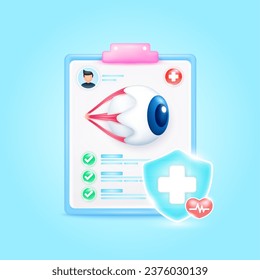 Medical document form board. Eyeball organ check up list for health doctor. Symbol cross in shield, red heart pulse line with check mark green button. Health care concept. 3d icon cartoon vector.