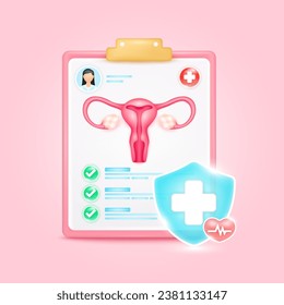 Medical document form board. Female uterus check up list for health doctor. Symbol cross in shield, red heart pulse line with check mark green button. Health care concept. 3d icon cartoon vector.