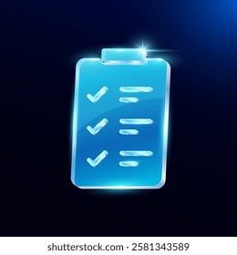 Medical document form board icon model 3d. Form translucent shiny glass or acrylic modern on blue background. Used for design advertising media. Vector EPS10.