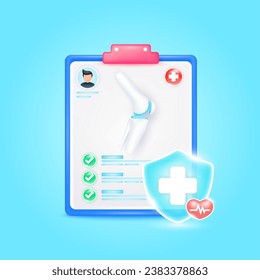 Medical document form board. Knee joint bone check up list for health doctor. Symbol cross in shield, red heart pulse line with check mark green button. Health care concept. 3d icon cartoon vector.