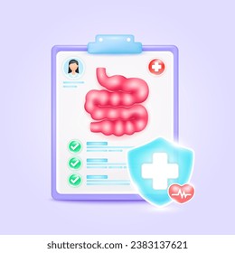 Tarjeta de formulario de documento médico. Lista de revisión de intestino delgado para el médico. Cruz de símbolo en el escudo, línea de pulso de corazón rojo con botón de marca de verificación verde. Concepto de atención de la salud. 3d vector de dibujos animados.