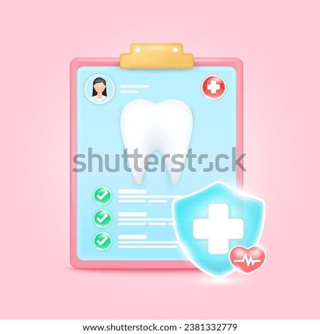 Medical document form board. Tooth check up list for health doctor. Symbol cross in shield, red heart pulse line with check mark green button. Health care concept. 3d icon cartoon vector render