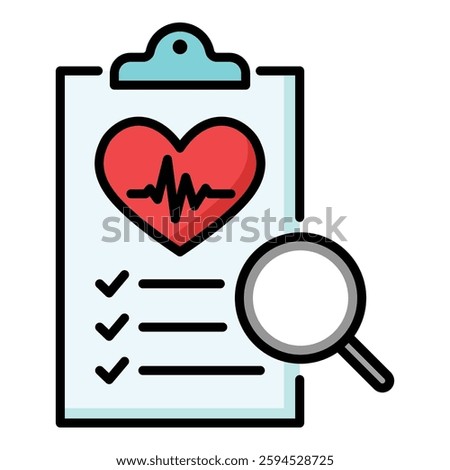 Medical document with a heart and checkmarks alongside a magnifying glass icon, symbolizing healthcare records, medical document, body check up