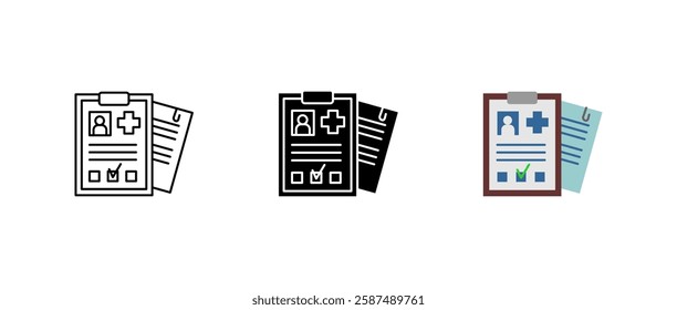 Medical document icon set. Patient health report sign. Hospital record and diagnosis symbol. Prescription, insurance form, and checkup pictogram. Doctor clipboard and treatment illustration.