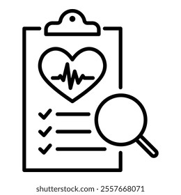 Medical document line vector icon with editable stroke, featuring a document with a magnifying glass, representing medical records, healthcare analysis, and patient data review