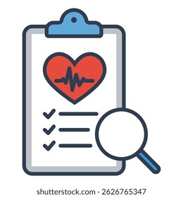 Documento médico com ícone de lupa plana, representando checkup e triagem do corpo