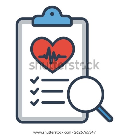 Medical document with magnifying glass flat icon, representing body checkup and screening