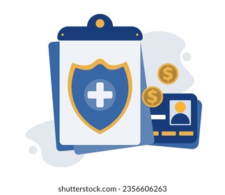 Documento médico con un escudo protector y tarjeta de identidad del paciente. Costos del seguro de salud. Concepto de salud. Ilustración del vector