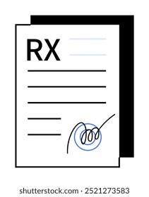 Medical document with RX symbol, lines for text, and a signature area. Ideal for healthcare, prescriptions, pharmacy, medical records, doctor notes. Simple vector style.