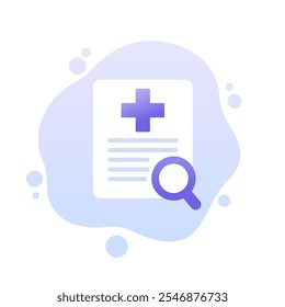 ícone de vetor de pesquisa de documento médico, arquivo do paciente e lupa
