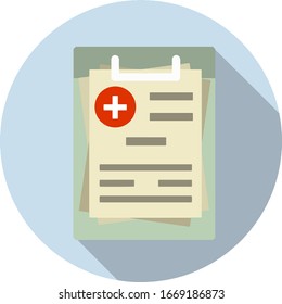 Medical document with sheet, paper. Set of objects of hospital. Cartoon flat illustration in blue circle