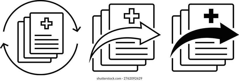 Medical document transfer and history sync icons set with patient records and arrows work flow. Healthcare administration symbols. data exchange, and document updates.