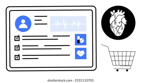Medical document with user profile, checklist, ECG line, medication icon, and heart symbol. Ideal for digital health records, telemedicine, online pharmacy, heart health monitoring, and healthcare