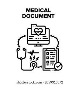 Medical Document Vector Icon Concept. Medical Document Insurance And Examination Checklist, Medicine Agreement With Hospital Or Clinic Report. Health Check Contract Black Illustration