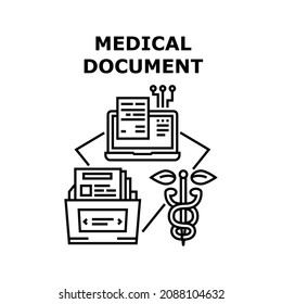 Medical Document Vector Icon Concept. Digital Medical Document On Computer And Archive With Patient Health History Documentation Folder. Health Monitoring Data Base Black Illustration