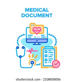 Vektor-Vektorsymbol-Konzept des Medizindokuments. Checkliste für die Versicherung und Prüfung von medizinischen Dokumenten, Arzneimittelvereinbarung mit Krankenhäusern oder Klinikberichten. Illustration zur Farbe des Health Check-Vertrags