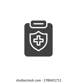 Icono vectorial de documento médico. signo plano relleno para concepto móvil y diseño web. Portapapeles con icono de glifo escudo. Símbolo de seguro médico, ilustración del logo. Gráficos vectoriales
