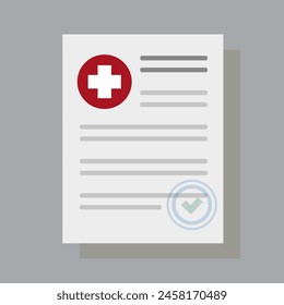 Medical document vector icon. Verified healthcare form. Red cross symbol. Grey background.