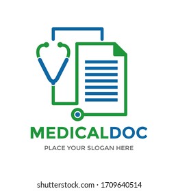 Medical document vector logo template. This design use sheet and stethoscope symbol. Suitable for health.
