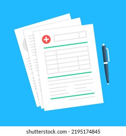 Medical documents. Health insurance, medical record, claim form, medical form and pen. Flat style design. Vector illustration