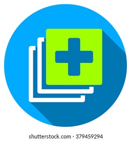 Medical Documents long shadow icon. Style is a light flat symbol with rounded angles on a blue round button.