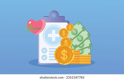 Medical documents with money forms of health insurance The idea of costly expensive drugs.on blue background.Vector Design Illustration.
