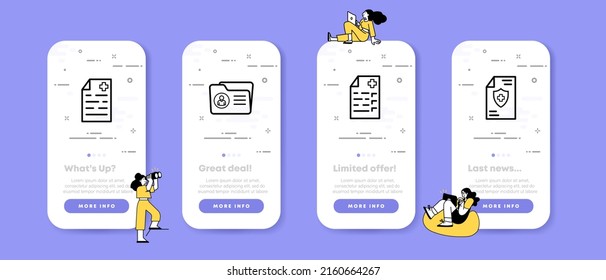 Medical documents set icon. Insurance, medical history, contract with the doctor, folder, patient. Healthcare concept. UI phone app screens with people. Vector line icon for Business and Advertising.