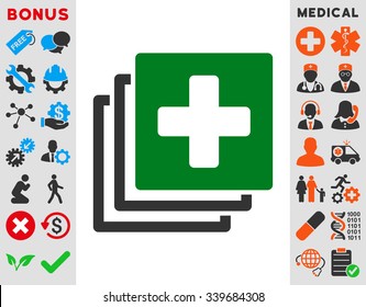 Medical Documents vector icon with bonus. Style is bicolor flat symbol, green and gray colors, rounded angles, white background.