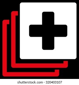 Medical Documents vector icon. Style is bicolor flat symbol, red and white colors, rounded angles, black background.