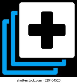 Medical Documents vector icon. Style is bicolor flat symbol, blue and white colors, rounded angles, black background.