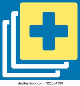 Medical Documents vector icon. Style is bicolor flat symbol, yellow and white colors, rounded angles, blue background.