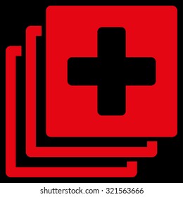 Medical Documents vector icon. Style is flat symbol, red color, rounded angles, black background.