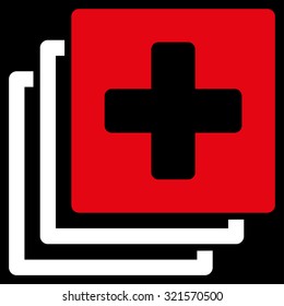 Medical Documents vector icon. Style is bicolor flat symbol, red and white colors, rounded angles, black background.