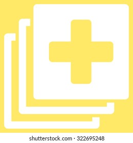 Medical Documents vector icon. Style is flat symbol, white color, rounded angles, yellow background.