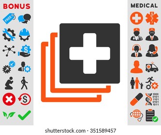 Medical Documents vector icon. Style is bicolor flat symbol, orange and gray colors, rounded angles, white background.