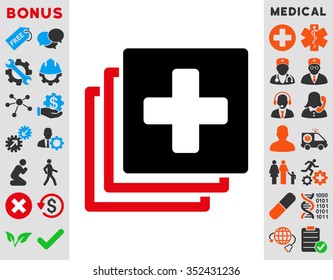 Medical Documents vector icon. Style is bicolor flat symbol, intensive red and black colors, rounded angles, white background.