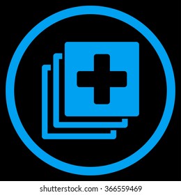 Medical Documents vector icon. Style is flat circled symbol, blue color, rounded angles, black background.