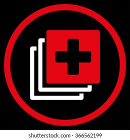 Medical Documents vector icon. Style is bicolor flat circled symbol, red and white colors, rounded angles, black background.
