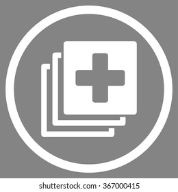Medical Documents vector icon. Style is flat circled symbol, white color, rounded angles, gray background.