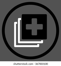 Medical Documents vector icon. Style is bicolor flat circled symbol, black and white colors, rounded angles, gray background.