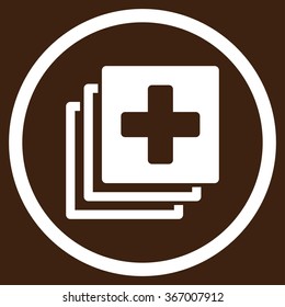 Medical Documents vector icon. Style is flat circled symbol, white color, rounded angles, brown background.