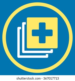 Medical Documents vector icon. Style is bicolor flat circled symbol, yellow and white colors, rounded angles, blue background.