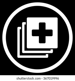 Medical Documents vector icon. Style is flat circled symbol, white color, rounded angles, black background.