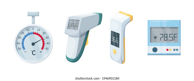 Medical domestic meteorology thermometer. Mercury and electronic thermometer for temperature measurement. Temperature scale for measurement. Healthcare and medical equipment, device flat vector.