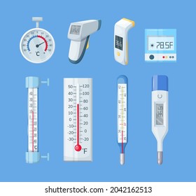 Medical domestic meteorology thermometer. Mercury and electronic thermometer for temperature measurement. Temperature scale for measurement. Healthcare and medical equipment, device flat vector.